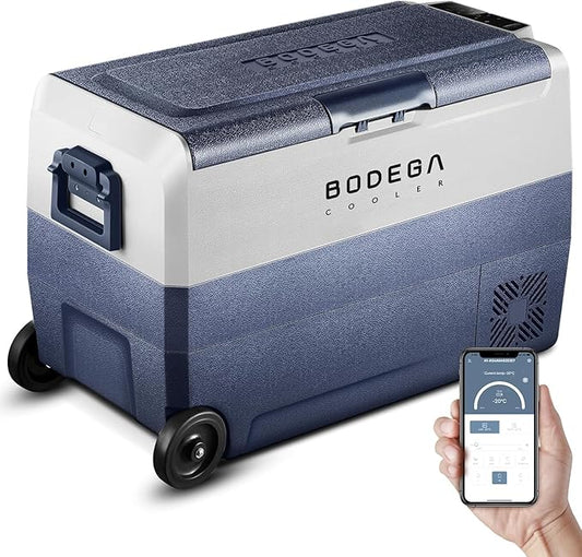 BODEGACOOLER 12 Volt Portable Refrigerator,53 Quart Car Fridge Freezer Dual Zone APP Control,（50L）-4℉-68℉ RV Car Cooler 12/24V DC and 100-240V AC for Outdoor,Vehicles,Camping,Travel