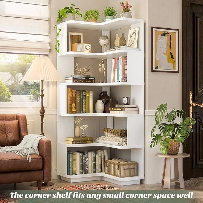 Armocity Corner Book Shelf - 6 Tier Corner Bookshelf Etagere Bookcase with Baffle, Freestanding L Shaped Display Shelf Stand for Home Office, Living Room, Bedroom, Kitchen, White