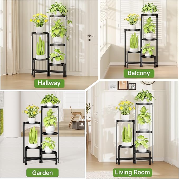 Plant Stand Indoor Outdoor with Tray Corner Metal Flower Display Holder Shelf 5 Tier Folding Tall Orchid Rack for Patio Balcony Porch Garden Living Room House, Black