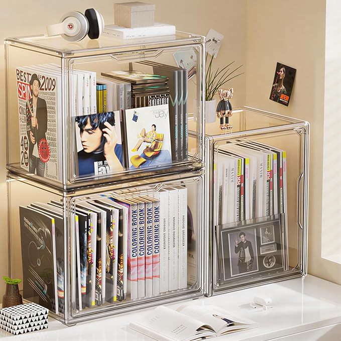 Extra Large 17.7" x 13" x 13" Clear Stackable Storage Bins, Acrylic Display Case with Magnetic Lids, Football & Motorcycle Helmet Showcase, Basketball, Sports Memorabilia Organizer (2 Pack)