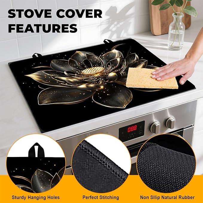 Stove Top Cover Flower Gas Stove Top Cover for Home Decoration Kitchen Pad Non-Stick Washable Cooktop Covers Countertop Protector Keep Stove Clean (Lotus, 28L"x20W")