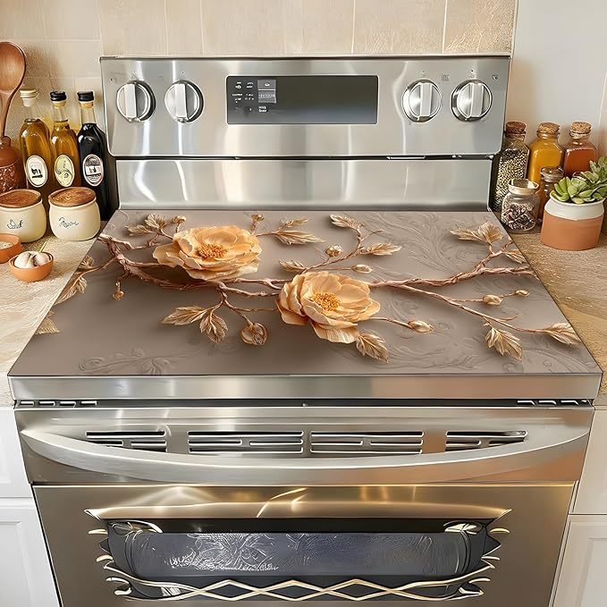 Stove Top Covers for Electric Stove, Oil-Resistant Stove Shield, Wipe-Clean Counter Protector, Multi-Purpose Appliance Pad, 28.3 x 20.5 Inches, Neutral Floral Decor（Peony flower2）