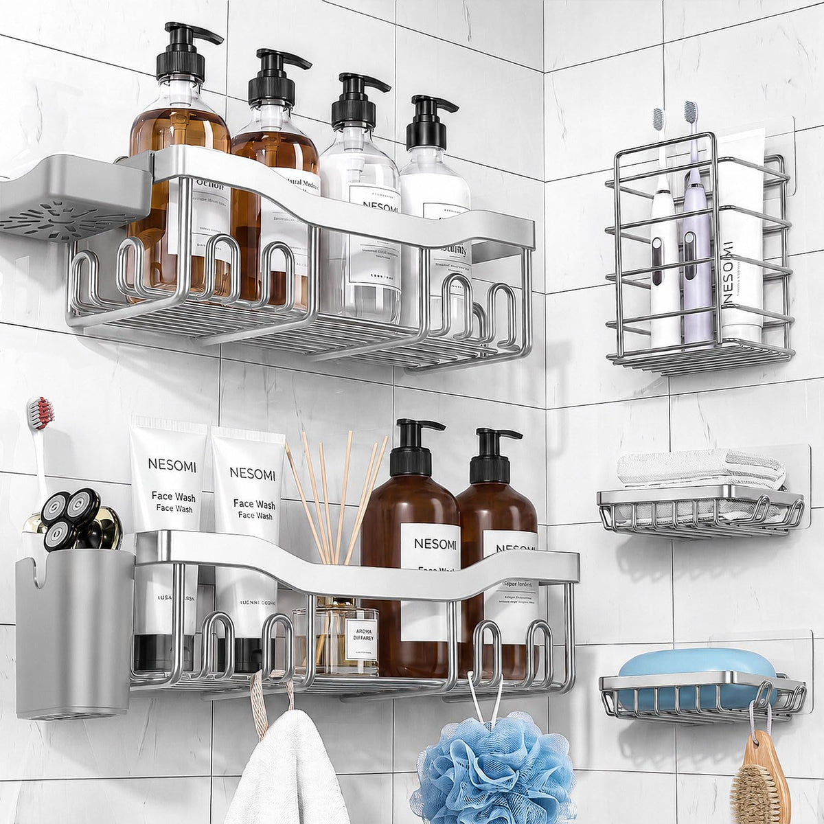 NESOMI Shower Caddy Adhesive Shower Organizer 7-Pack, Rustproof - Image 1