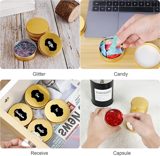 96 Pack Round Cans with Screw Lid 2 Oz Aluminum Metal Tins DIY Food Candle Containers for Lotion Bars, Balms, Salve, Spices, Beard Balm, Crafts with 4 Markers 3 Sheets Label Stickers (Gold)