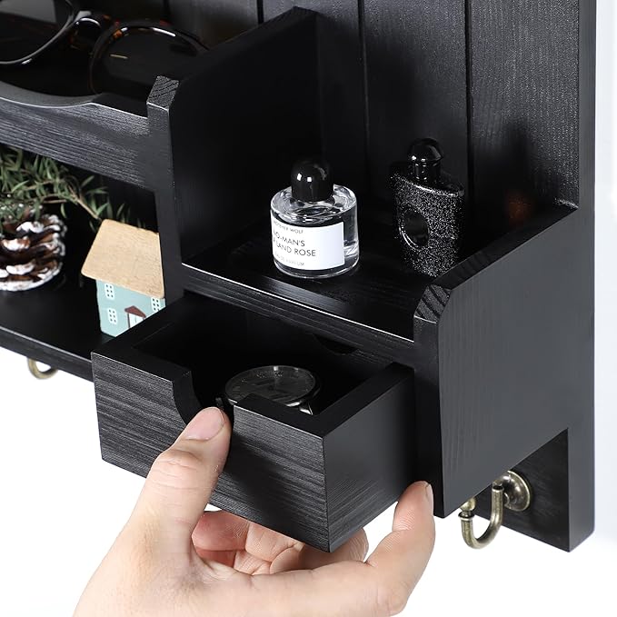 DOPACE Key Holder for Wall, Mail and Key Holder, Mail Organizer Wall Mount with Storage Drawer and 6 Hooks, Easy Installation Key Rack for Entryway and Home Decor, Black