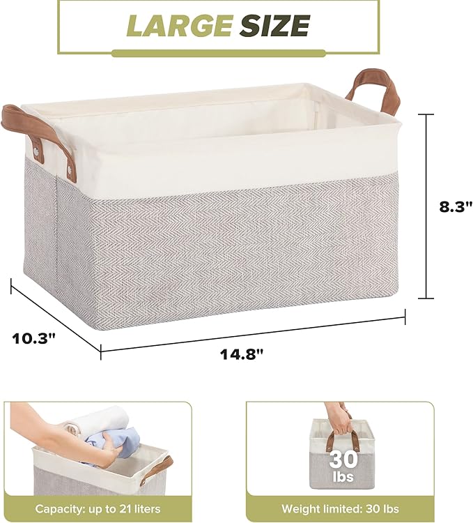 Storage Basket Bins with Metal Frame, Large Collapsible Fabric Storage Baskets for Organizing Shelf, Basket Organizer W/Handles for Toys, Towels, Laundry, Nursery, 2-Pack, White Grey