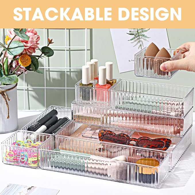 18 Pcs Drawer Organizer Stackable 4 Size Makeup Drawer Organizer Trays Acrylic Bathroom Vanity Storage Bins for Cosmetic, Jewelries, Office Supply, Kitchen Utensils(Clear,Stripes)