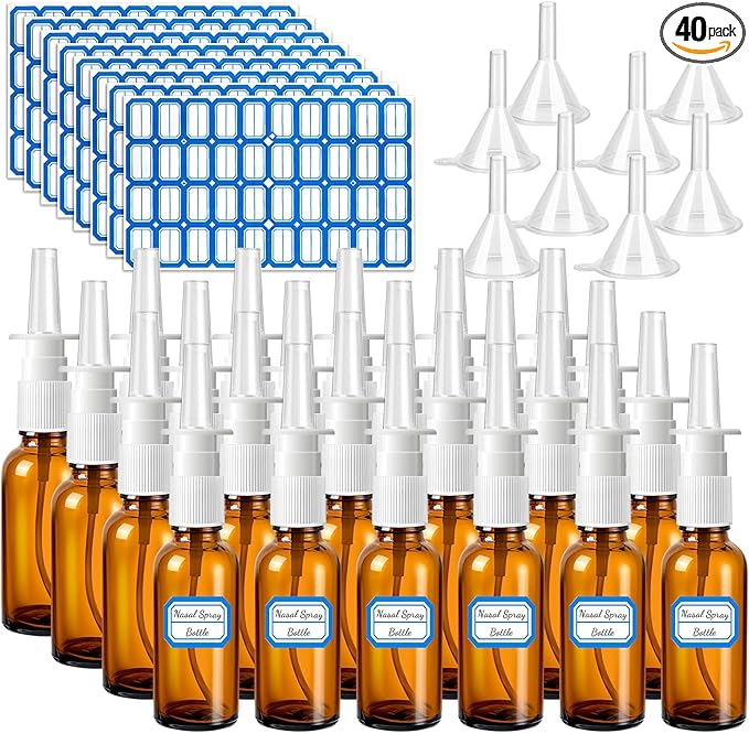40 Pcs Nasal Spray Bottle Empty, Brown Glass Refillable Fine Mist Nasal Spray Bottles with 8 Funnels and 8 Labels (30ML/1oz)