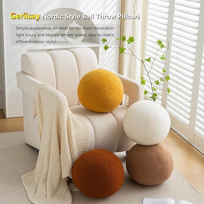 11.8 inch Ball Pillow Nordic Round Throw Pillows Boucle Ball Pillow Sphere Shaped Pillow Round Decorative Pillow for Couch, Sofa, Bedroom (Caramel, 11.8 inch)