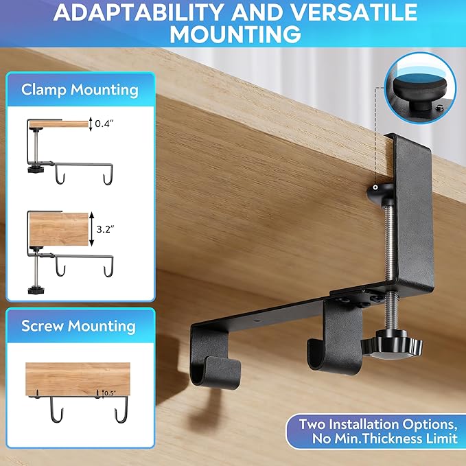 Under Desk Cable Organizer with Mesh Slot for Ventilation, Quick Mount with Clamp or Screws to Hold Fabric Cable Tray, Kit for Tidy Cord & Wire Management for Home Office Standing Desk