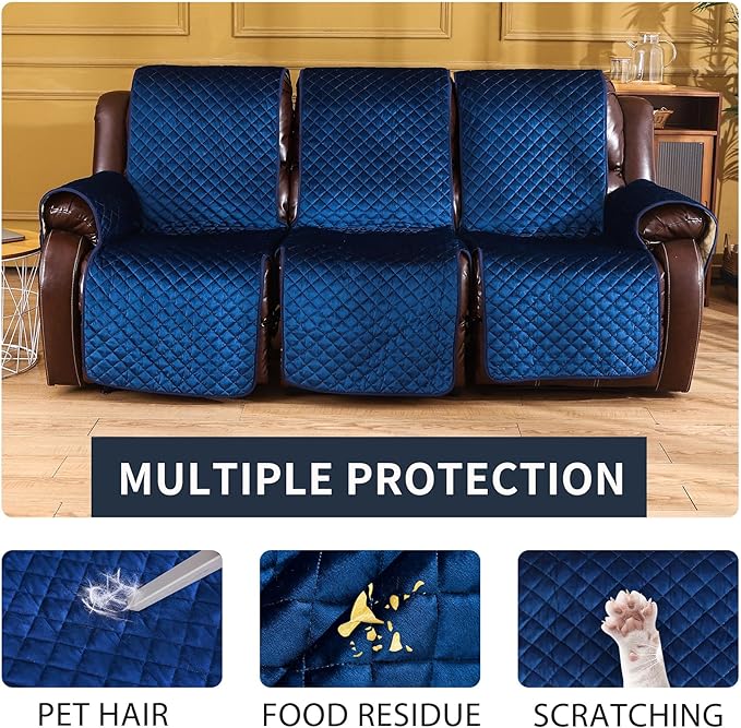LUFEIJIASHI Non Slip Recliner Couch Covers for 3 Cushion Couch Sofa Reclining, Waterproof Recliner Sofa Covers 3 Seat, Velvet Reclining Couch Covers for Furniture Protector for Dogs Pets Navy Blue