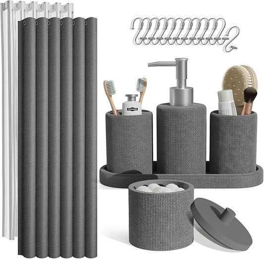 Clara Clark Bathroom Set - Grey Bathroom Accessories Set, 19PC Bathroom Accessory Set, Bathroom Sets with Shower Curtain Set, Soap Dispenser & Toothbrush Holder