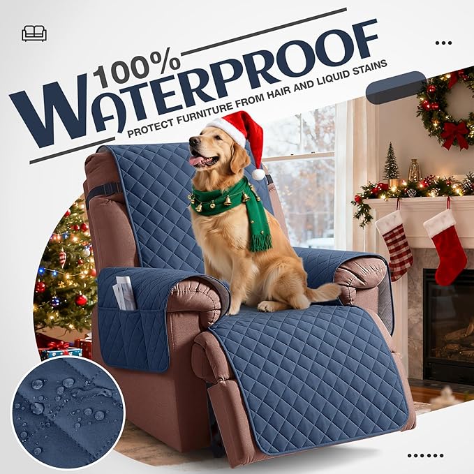 KinCam 100% Waterproof Recliner Chair Cover, Reclining Couch Covers for Pets, Dogs, Recliner Couch Slipcover Furniture Protector with Elastic Straps for Kids(30", Blue)