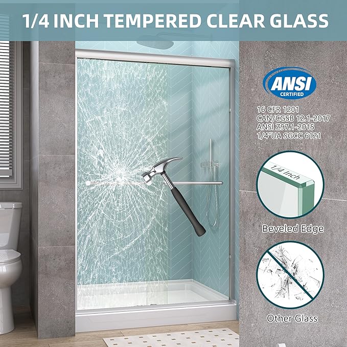 GETPRO Sliding Shower Door Semi-Frameless 50-54 in. W x 72 in. H Bypasss Double Sliding Glass Shower Enclosure,1/4 inch Clear Tempered Glass Door for Walk-in Shower Brushed Nickel