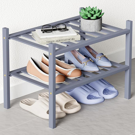 Smiry Bamboo Shoe Rack for Closet, 2 Tier Small Wooden Stackable Shoe Organizer, Free Standing Shoes Storage Shelf for Entryway, Front Door Entrance, Grey