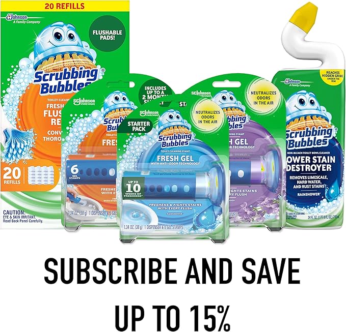 Scrubbing Bubbles Fresh Gel Toilet Bowl Cleaning Stamps, Helps Keep Toilet Clean and Helps Prevent Limescale & Rings, Rainshower Scent, 1 Dispenser with 6 Fresh Gel Stamps (2 Pack)