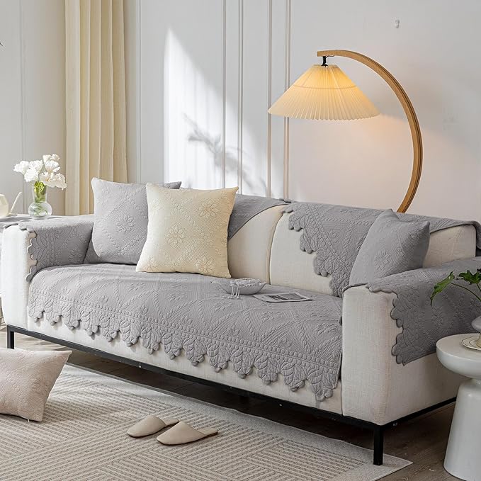 Cotton Quilted Dog Couch Cover for Sofa Farmhouse Rustic Embroidery Sectional Couch Cover Soft Anti-Slip Sofa Slipcover Furniture Protector for Kids, Pets (Grey,36"x82")