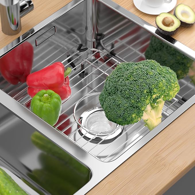 2 Pack Sink Grids,Sink Protectors for Kitchen Sink,Stainless Steel Sink Racks for Bottom of Sink,Metal Sink Grate with Strainers,Center Drain for Double Bowl with Corner Radius,11.5" x 13.8"