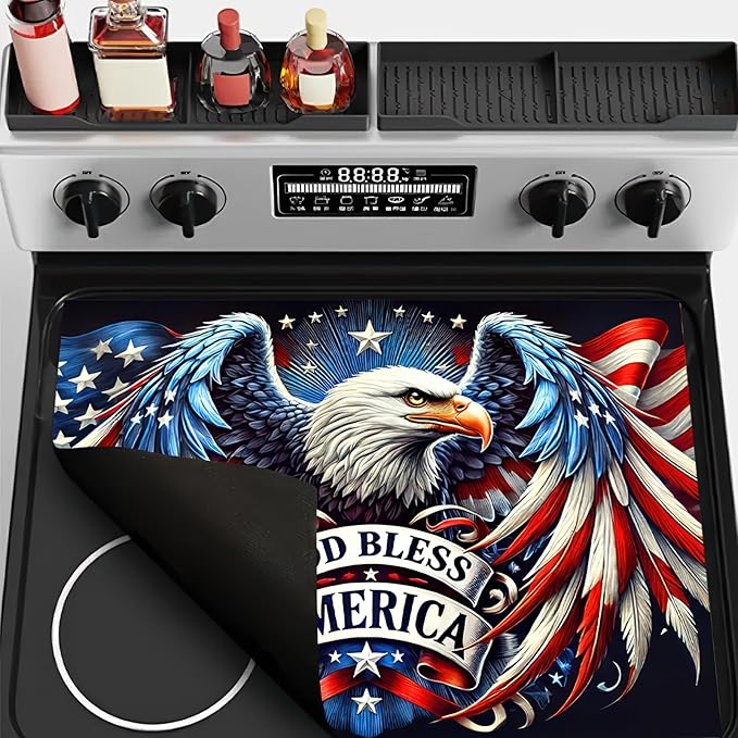 Stove Top Cover 28x20 Inch Diatomite Kitchen Mat God Bless America Eagle Design Counter Protector Heat Resistant Drying Pad for Electric Glass Cooktop Patriotic Kitchen Decor