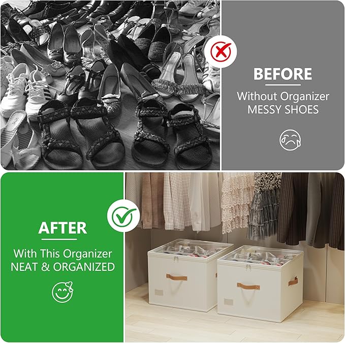 Shoe Organizer for Closet,2 Pack Shoe Storage Bins Foldable Shoe Storage Box Containers with Clear Cover and Sturdy Handles,Shoe Rack for Closet Storage for Sneakers Heels Slippers (Beige)