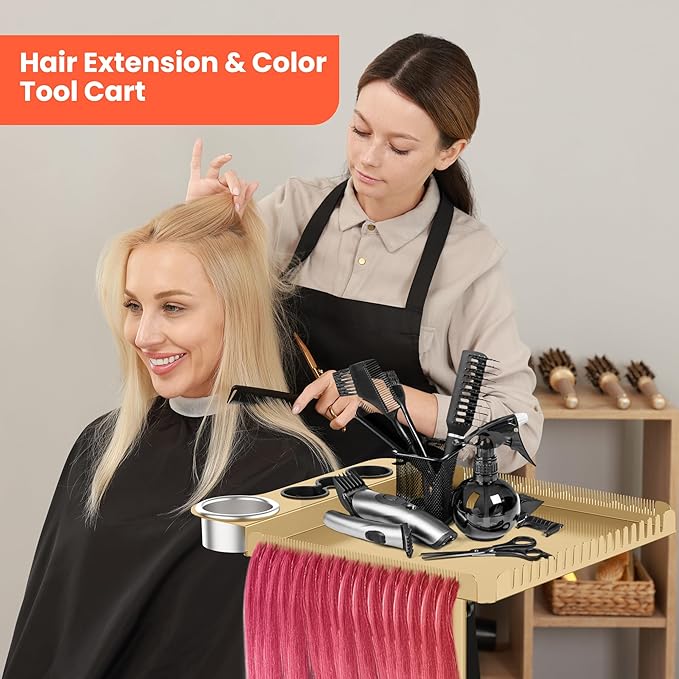 TASALON Gold Salon Tray on Wheels – Salon Rolling Tray Set with Magnetic Hair Dye Bowl, Heat-Resistant Tool Rack, Hair Extension Holder for Styling, Rolling Tool Cart & Hair Salon Station Organizer