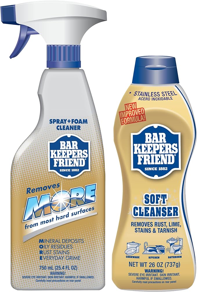 Bar Keepers Friend Soft Cleanser (26 oz) MORE Spray + Foam (25.4 oz) Multipurpose Cleaner Bundle, Stain & Rust Remover for Multi Surface Bathroom, Kitchen & Outdoor Cleaning