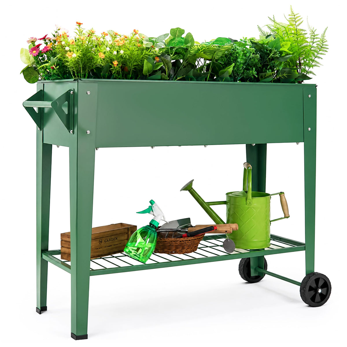 Raised Garden Bed with Legs and Wheels, Metal Outdoor, Green - Image 1