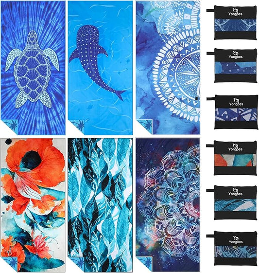6 Pack Microfiber Lightweight Thin Beach Towel Sand Free Quick Dry Super Absorbent Large Towels for Swimming Pool Yoga Gym Travel Vacation Beach Accessories Essentials for Adults