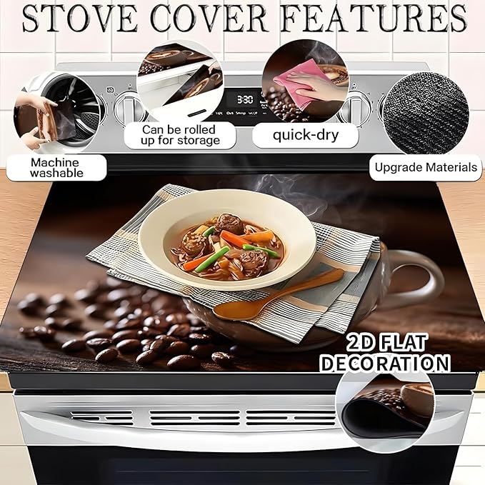 Stove Top Covers for Electric Stove, Grease-Resistant Stove Protector, Scratch-Blocking Surface Mat, Easy-Care Worktop Cover, 28.3 x 20.5 Inches, Coffee Latte Theme Decor(Coffee)