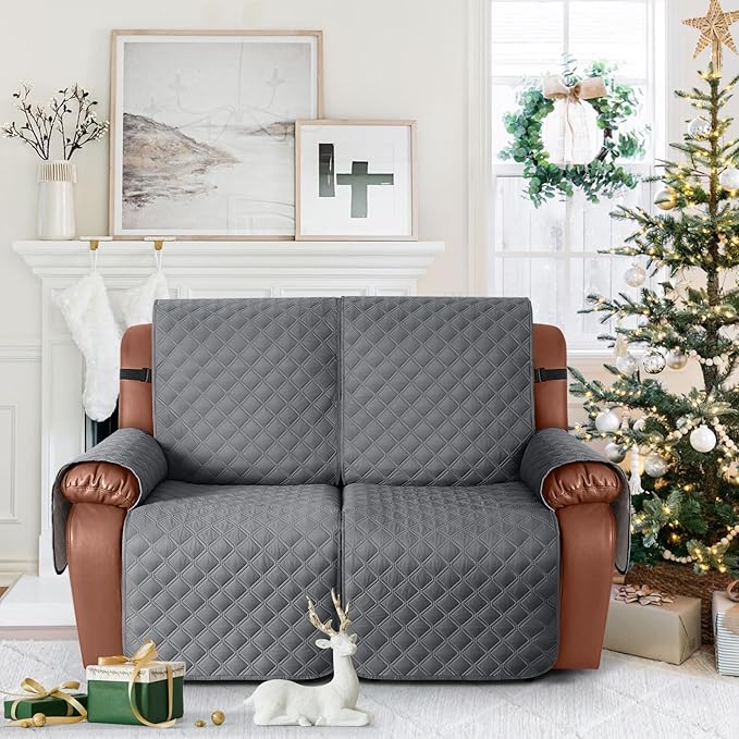 Ruaozz Waterproof Recliner Sofa Covers, 1-Piece Couch Covers for Reclining Couches Reclining Couch Cover Washable Furniture Protector with Elastic Straps Pocket for Kids Pets (Dark Grey, 2 Seater)