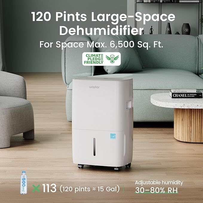 Waykar 120 Pints Energy Star Dehumidifier for Spaces up to 6,500 Sq. Ft at Home, in Basements and Large Rooms with Drain Hose and 1.14 Gallons Water Tank