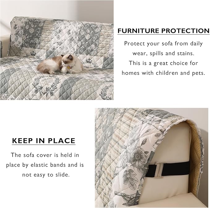 Skidproof Sofa Cover-Grey Bird Sofa Slipcover with Elastic Straps-Easy Fit Slip Cover-Washable Furniture Protector for Pets and Kids(Loveseat,Grey)
