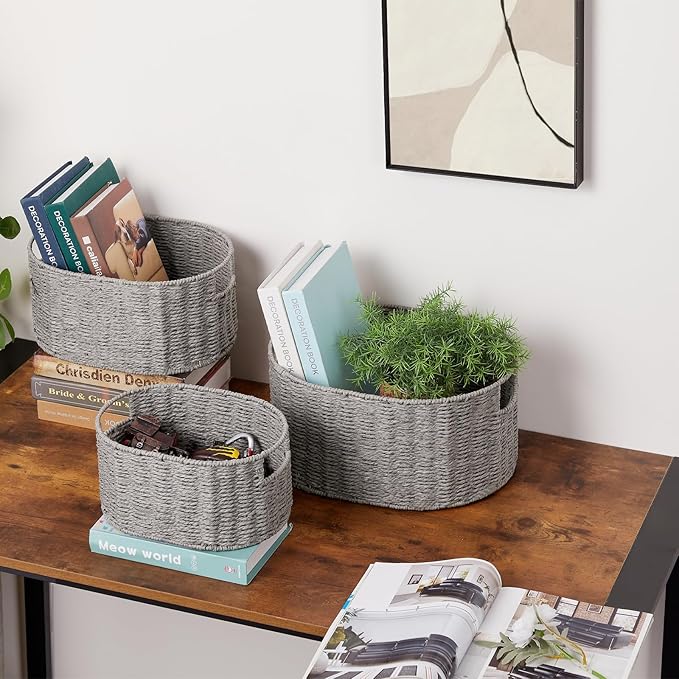 Vagusicc Wicker Storage Basket, Set of 3 Hand-woven Storage Baskets for Organizing, Round Large Wicker Baskets for Storage Decor, Pantry Storage Cubes Organization Baskets for Shelves, Grey