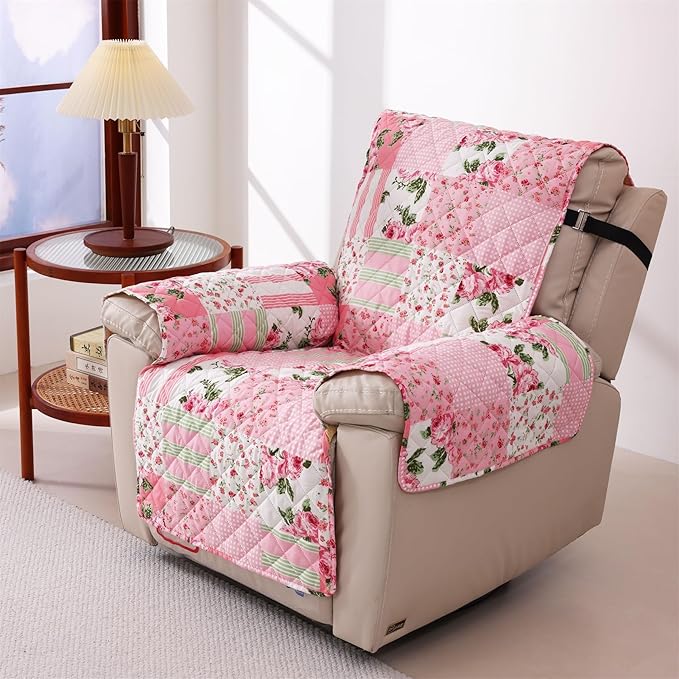 Cmfshape Skidproof Sofa Cover-Floral Sofa Slipcover with Elastic Straps-Easy Fit Slip Cover-Washable Furniture Protector for Pets and Kids(Chair,Pink)