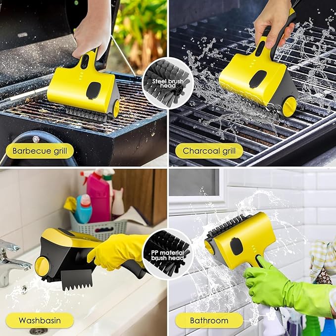 Electric BBQ Brush, Cordless BBQ Brush, Electric BBQ Cleaning Brush with Liquid Box, with 2 Adjustable Speed 360° Rotating Heads, Two Replaceable Heads for BBQ Bathroom Kitchen
