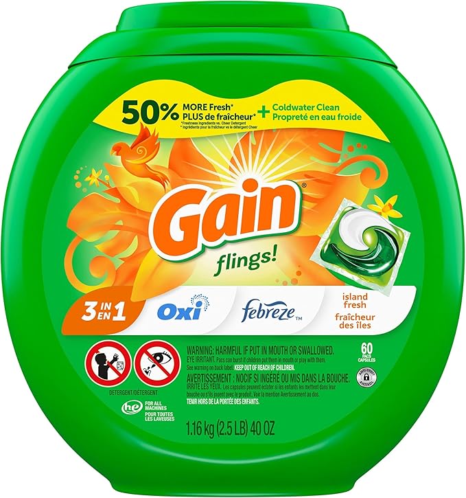 Gain Flings Laundry Detergent Pacs, 60 Count, Island Fresh Scent, with Odor Defense, concentrated laundry soap pacs (Pack of 4)