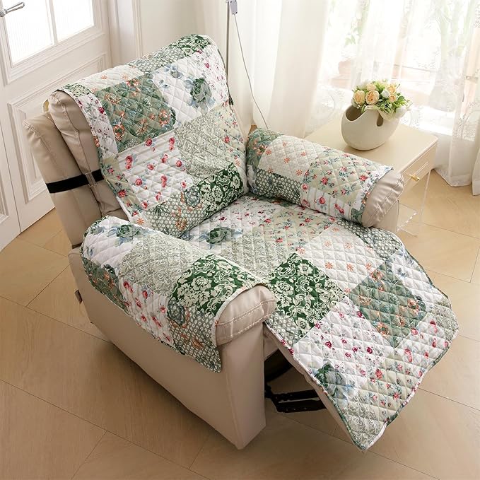 Cmfshape Skidproof Sofa Cover-Green Sofa Slipcover with Elastic Straps-Easy Fit Slip Cover-Bohemian Washable Furniture Protector for Pets and Kids(Recliner,Green)