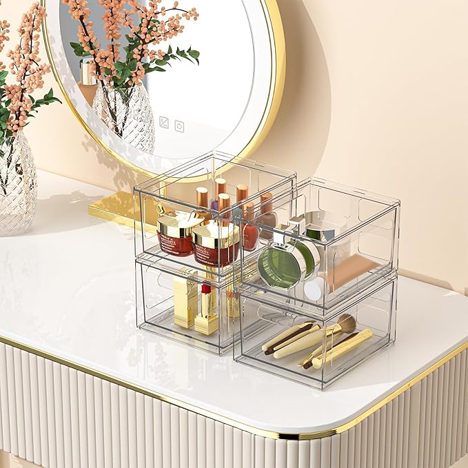 6 Pack Stackable Plastic Makeup Organizer Drawers, Acrylic Organizers, Clear Storage Bins with Pull-Out Handles for Vanity, Kitchen Cabinets, Pantry