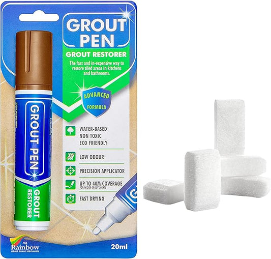 Grout Pen Tile Paint Marker: Brown Wide 15mm with 5 Pack Replacement Tips - Waterproof Grout Colorant and Sealer Pen to Renew, Repair, and Refresh Tile Grout - Cleaner Coating Stain Pens
