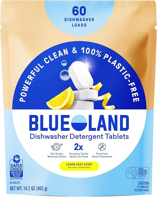 BLUELAND 100% Plastic-Free Dishwasher Detergent Tablets, 60 Count, Lemon Zest Scent, Eco Friendly Dishwashing Pods, Natural, USDA Certified biobased