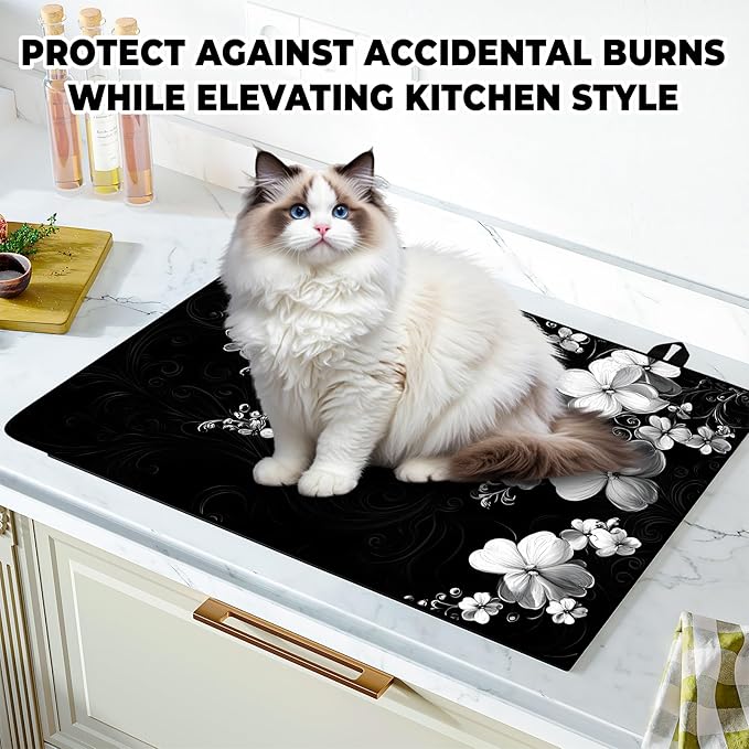 Stove Top Cover Retro Flower Gas Stove Top Cover for Home Decoration Kitchen Pad Non-Stick Washable Cooktop Covers Countertop Protector Keep Stove Clean 28"x20" (White flower-2)
