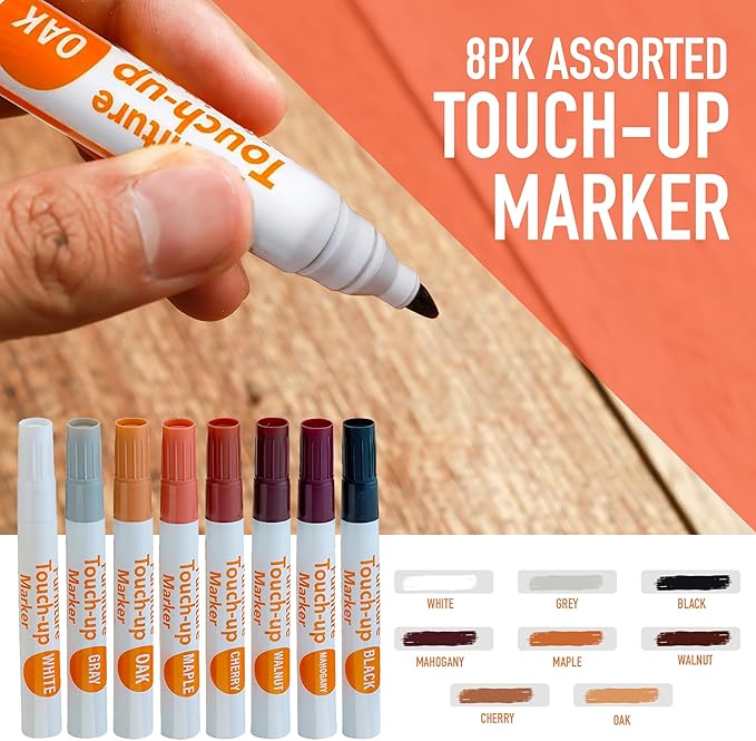 Furniture Repair Kit Set of 34, Wood Scratch Repair Markers, Wax Crayons and Wood Filler with Brushes and Sharpener for Furniture, Floors, Cabinets, Tables and Desks
