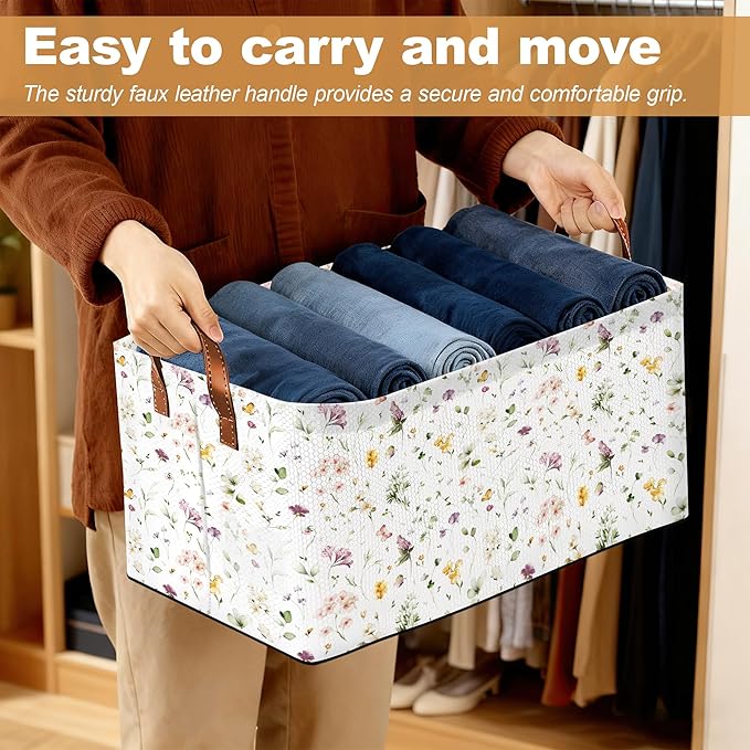 32L Large Storage Bins with Handles, Basket Organizer for Shelves, Closet, Books, Laundry & Home Decor (Meadow Flower)