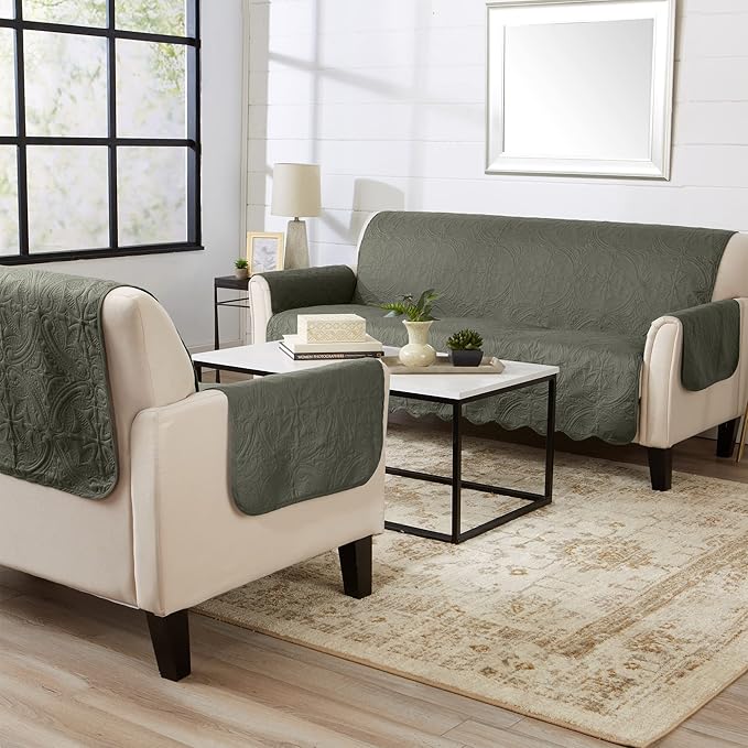 Reversible Loveseat Cover - Washable Slipcover Furniture Protector with Elastic Straps - Couch Cover for Dogs, Kids, and Pets - Quilted & Stitched Detail (Loveseat, Sage Green / Light Gray)