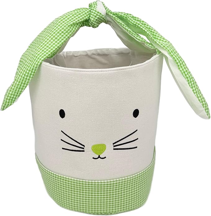 Easter Bunny Canvas Basket, Easter Egg Basket, Bunny Face, White with Gingham Pattern, 8x10 Inches, Foldable Tie Handle (Green)