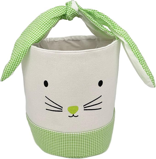 Easter Bunny Canvas Basket, Easter Egg Basket, Bunny Face, White with Gingham Pattern, 8x10 Inches, Foldable Tie Handle (Green)