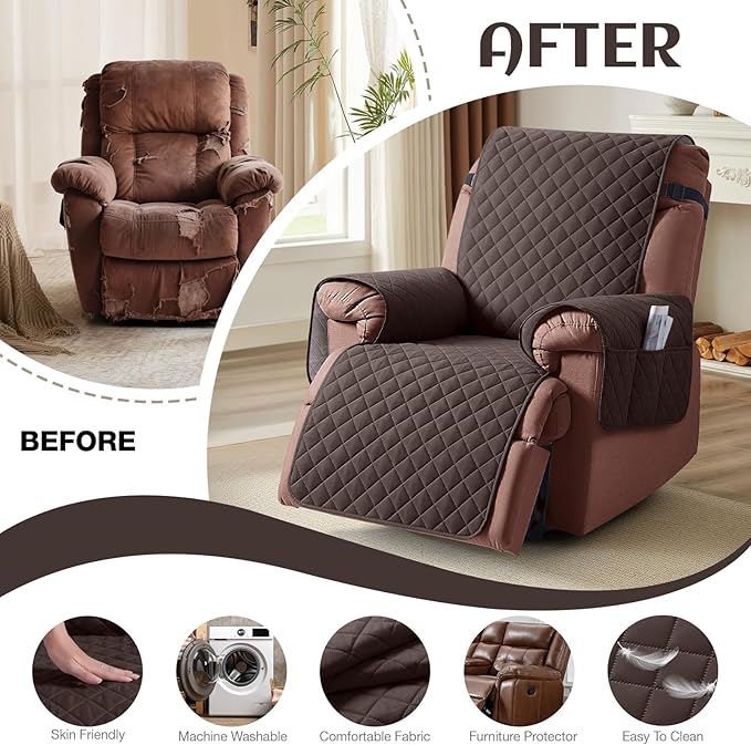 KinCam 100% Waterproof Recliner Chair Cover, Reclining Couch Covers for Pets, Dogs, Recliner Couch Slipcover Furniture Protector with Elastic Straps for Kids(30", Chocolate)