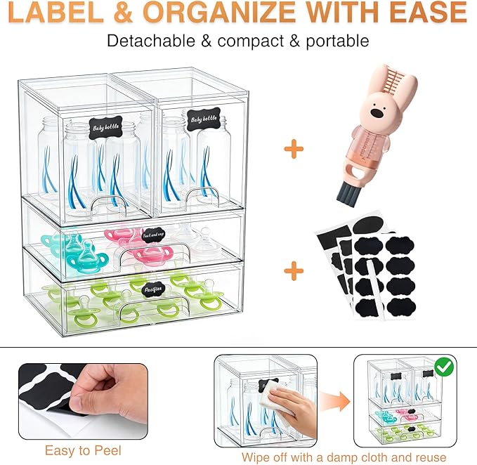 TOOGE Stackable Baby Bottle Organizer: Acrylic Bottle Organizer Baby Storage Drawers Clear Bottle Station Organization for Countertop Cabinet Vanity with 4 in 1 Cup Lid Cleaning Brush & Label - Wide