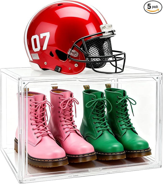 5 Pack XXX-Large Super Large Acrylic Display Case Figures Collectibles Helmet Showcase Boot & Shoe Boxes Clear Stackable Plastic Storage Bins Organizer with Magnetic Lid, 5 Pack with 2 Shoe Bags