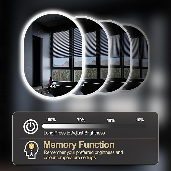 S'bagno 28x20 LED-Oval-Bathroom-Mirror, Wall-Mounted-Lighted-Bathroom-Mirror, Anti-Fog Dimmable Waterproof Vanity Mirror with Touch Switch with Lights, 3000K/4000K/6500K, Vertical or Horizontal